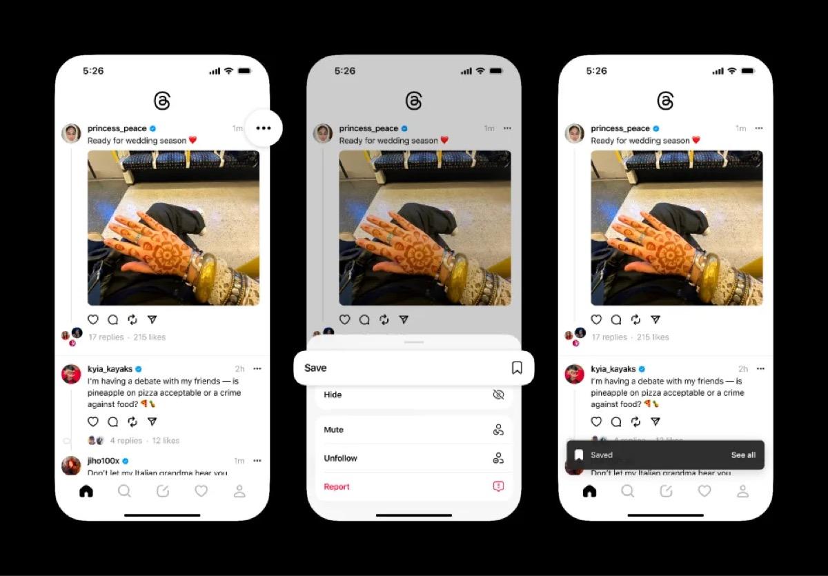 Meta ajoute une fonctionnalité de marque-page à l’application Threads pour sauvegarder les publications