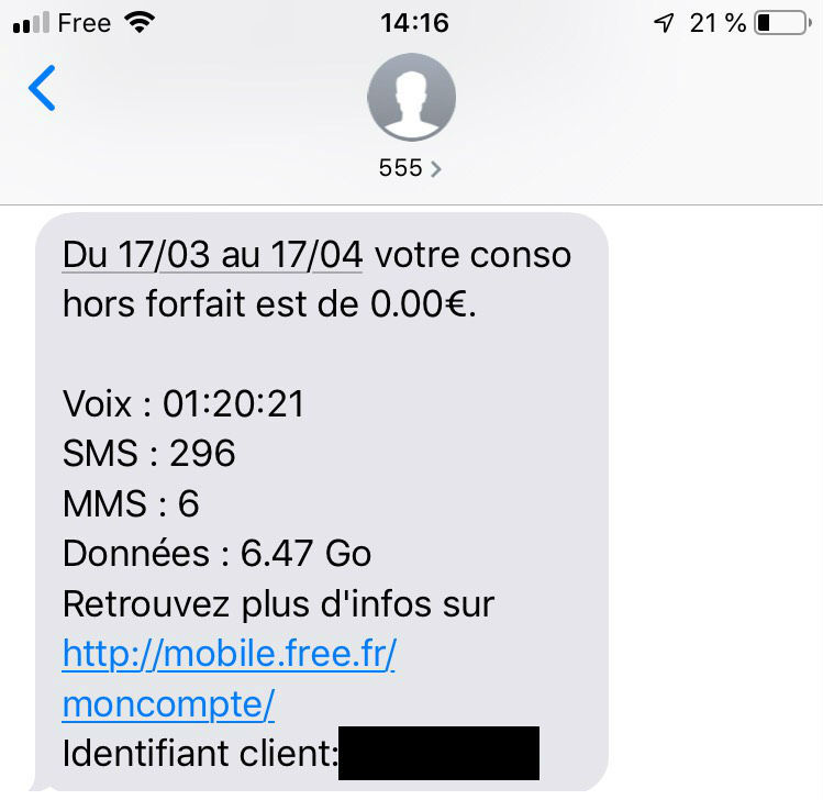 SMS du suivi de consommation de Free.